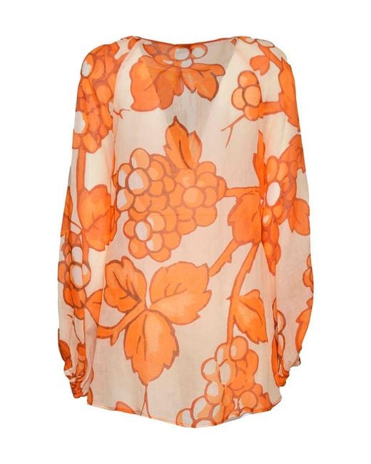 Etro Orange Floral Printed Long Sleeved Blouse