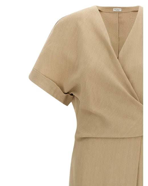 Brunello Cucinelli Natural V-Neck Short Sleeved Dress