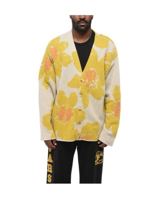 The Elder Statesman Yellow Floating Florals Cashmere Cardigan