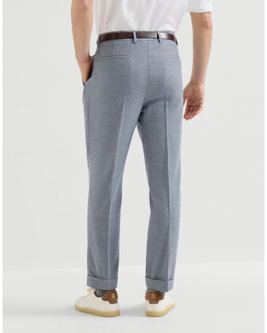 Brunello Cucinelli Gray Cashmere And Silk Houndstooth Flannel Trousers With Pleat for men