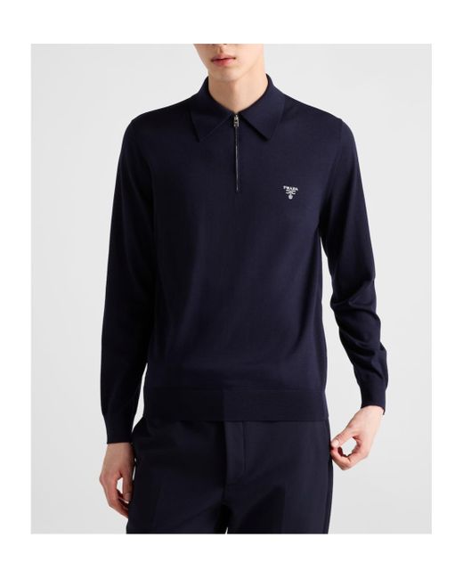 Prada Blue Wool Logo Polo Shirt for men