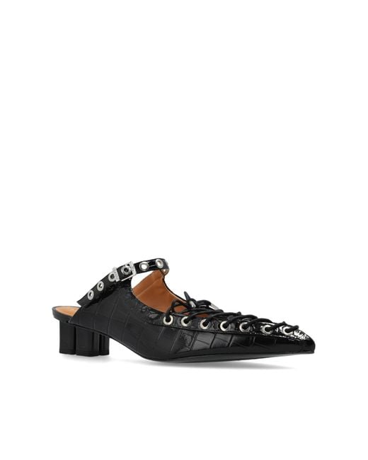 Ganni Black Lace-Up Oleatex Mules