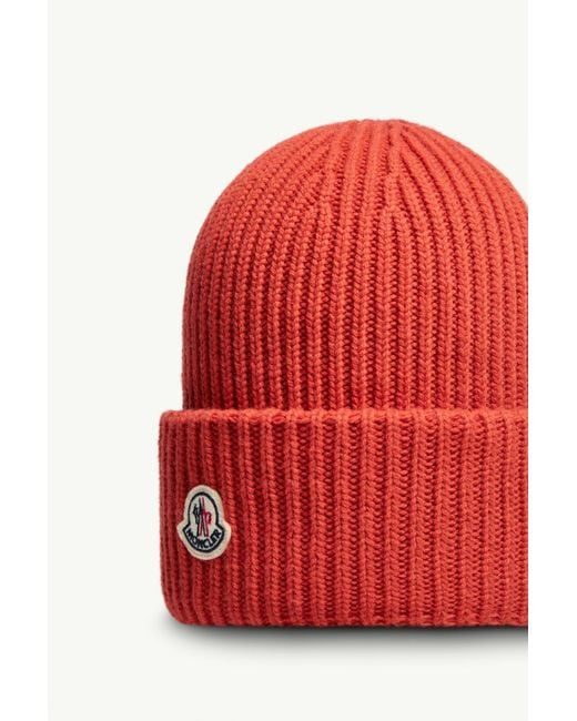 Moncler Red Logo Patch Ribbed Beanie for men
