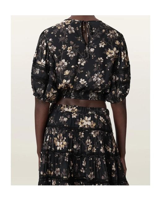 AllSaints Black Peony Floral Puff-Sleeve Top