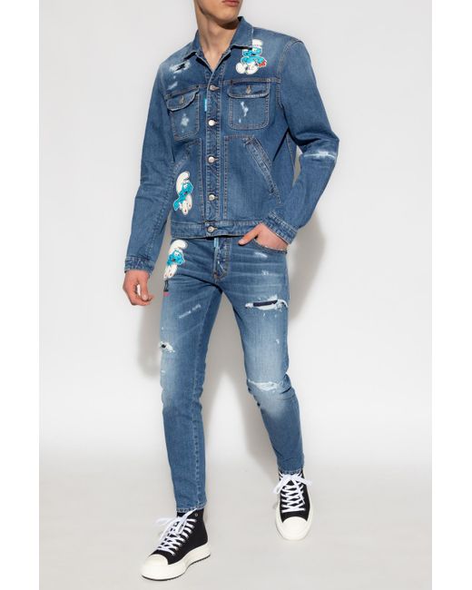 DSquared² Blue The Smurfs Distressed-Effect Denim Jacket for men