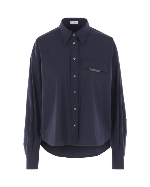 Brunello Cucinelli Blue Monili Detail Curved Hem Shirt