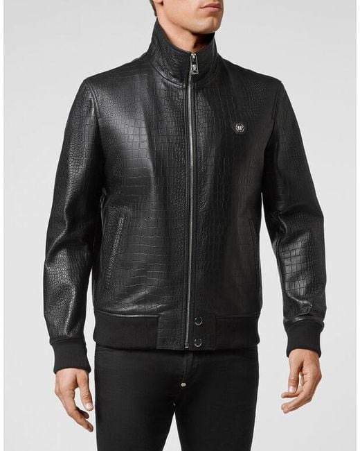 Philipp Plein Black Crocodile-Effect Leather Bomber Jacket for men