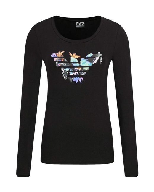 EA7 Black T-Shirt With Round Neck And Long Sleeves