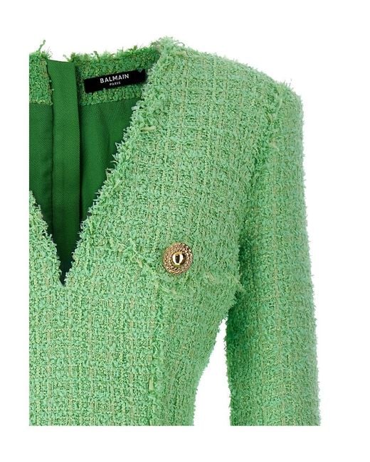 Balmain Green Logo Button Tweed Dress