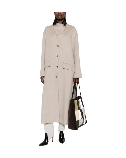 Nanushka Natural Contrast-Collar Button Coat