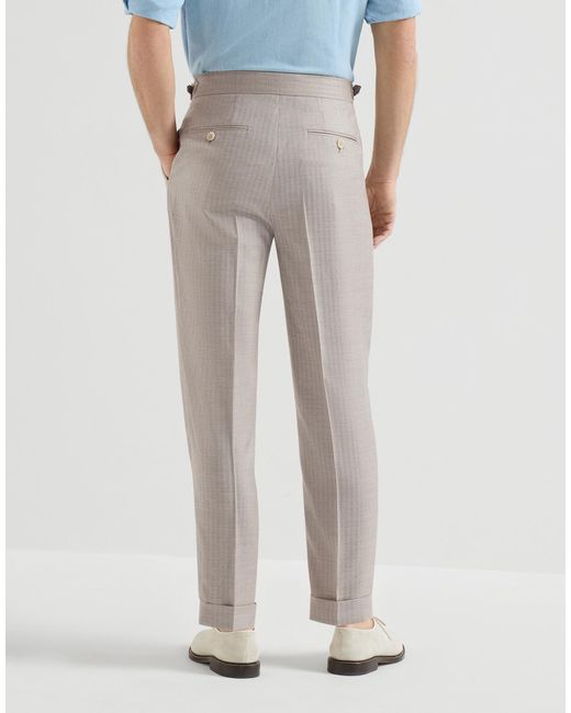 Brunello Cucinelli Gray Cashmere And Silk Chevron Trousers With Double Pleats And Waist Tabs for men