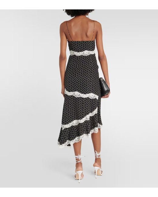 Alessandra Rich Black Lace-Trimmed Polka-Dot Silk Midi Dress