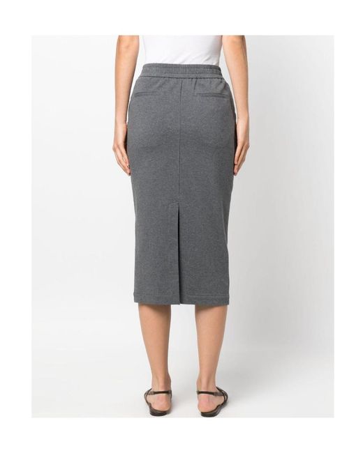 Brunello Cucinelli Gray Drawstring-Waist Midi Pencil Skirt