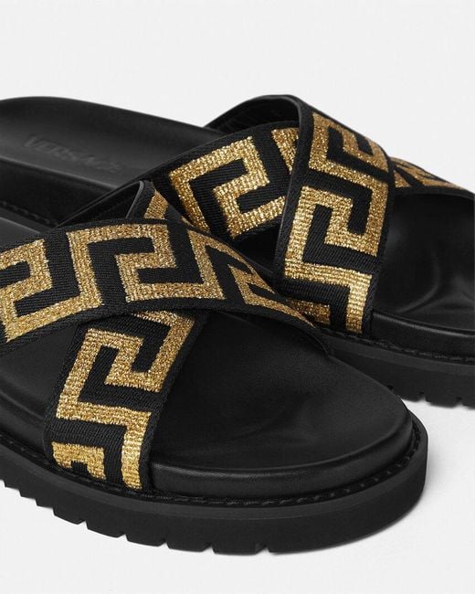 Versace Brown Greca-Embellished Open-Toe Slides for men