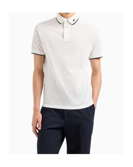 Emporio Armani White Logo Embroidered Short Sleeved Polo Shirt for men