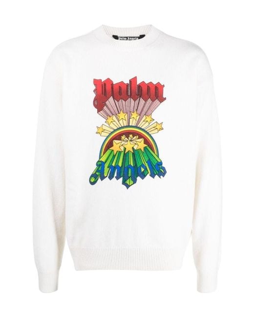 Palm Angels White Crewneck Knitted Jumper for men