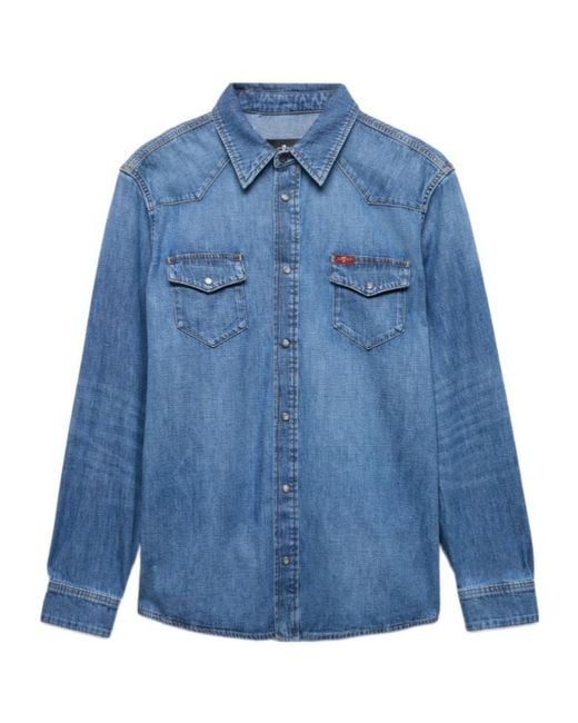 7 For All Mankind Blue Long Sleeve Western Shirt for men