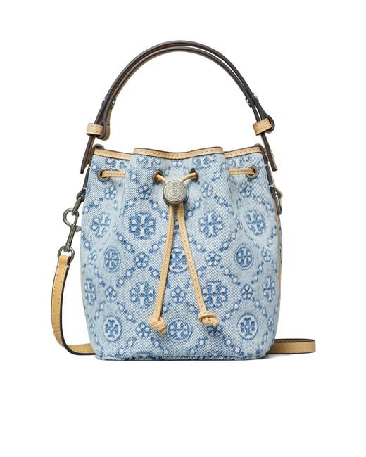 Tory Burch Blue T Monogram Drawstring Bucket Bag