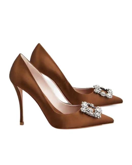 Roger Vivier Brown Flower Strass Buckle Pumps
