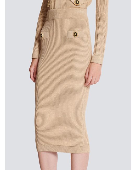 Balmain Natural Button Detailed Ribbed Pencil Skirt