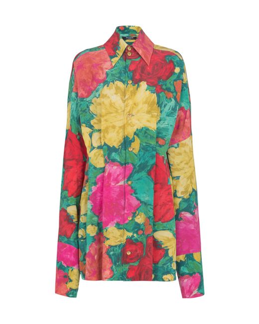 Balmain Multicolor Roses Printed Crepe Shirt Dress