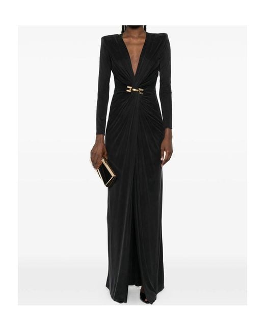 Elisabetta Franchi Black Plunging V-Neck Carpet Dress