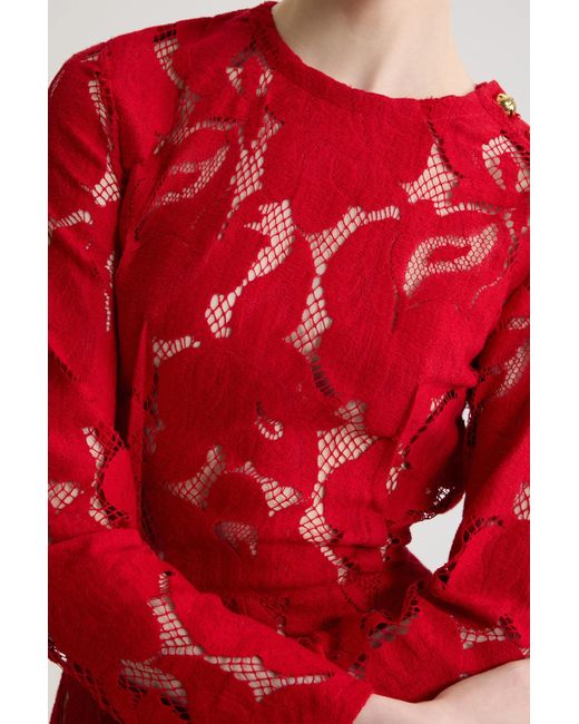 Patou Red Laced Long-Sleeves Midi Dress