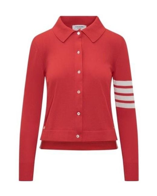 Thom Browne Red 4-Bar Stripe Knitted Polo Shirt