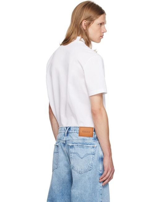 Versace White Greca Short-Sleeved Straight Hem Polo Shirt for men