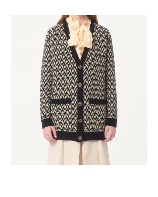 Valentino Gray Monogram V-Neck Button-Up Cardigan