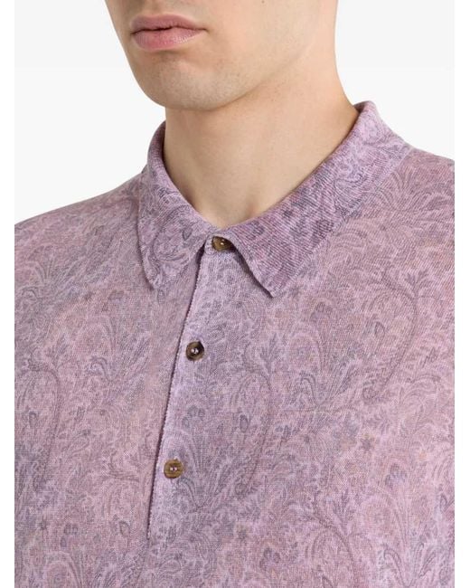 Etro Purple Linen-Blend Polo Shirt With Floral Motif for men