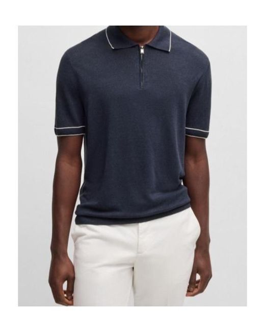 Boss Blue Half-Zip Linen Polo Shirt for men