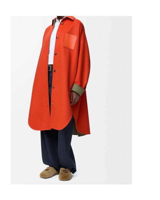 Loewe Orange Leather-Patch Button-Down Coat