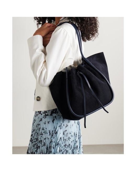 Proenza Schouler Black Large Leather-Trimmed Ruched Suede Tote