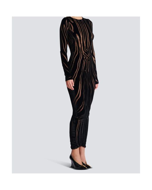 Balmain Black Velvet Zebra-Print Long-Sleeve Open-Back Midi Dress