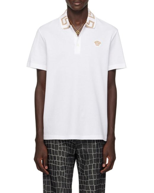 Versace White Greca Short-Sleeved Straight Hem Polo Shirt for men
