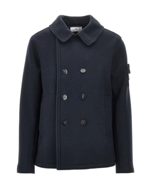 Stone Island Blue Double-Breasted Pea Coat for men