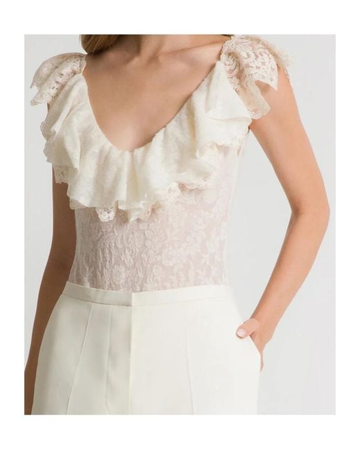 Alberta Ferretti White Wool Lace Bodysuit With Frilled Sleeves