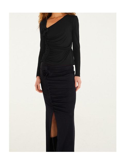 Farm Rio Black Floral-Appliqué Maxi Skirt