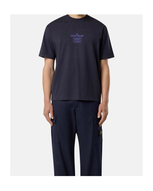 Stone Island Blue 2100037 Combed Cotton Logo-Plaque T-Shirt for men