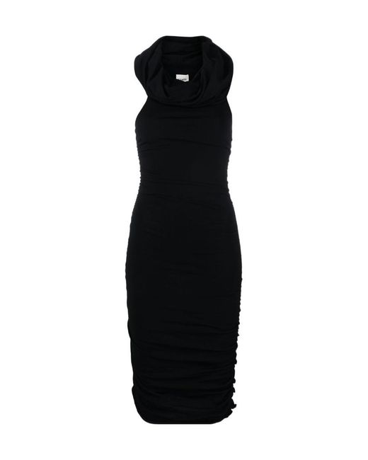 Khaite Black Over-The-Shoulder Ruched Midi Dress