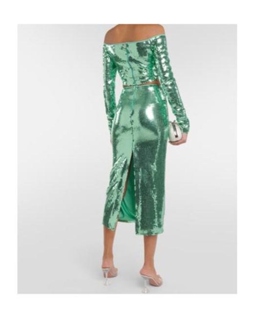 David Koma Green Sequined Off-Shoulder Crop Top