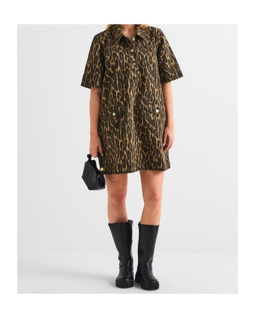 Ganni Green Leopard Print Denim Dress