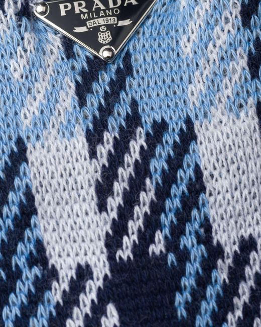 Prada Blue Triangle-Logo Houndstooth Pattern Knitted Socks