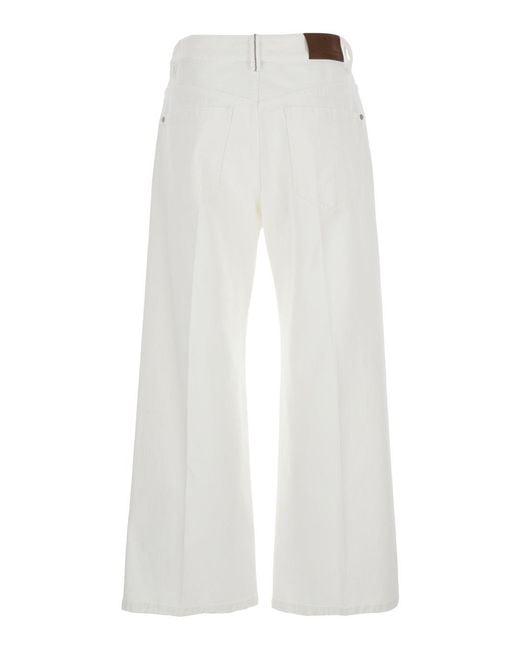 Brunello Cucinelli White Jeans With Wide Leg And Monil Detail On The Rear