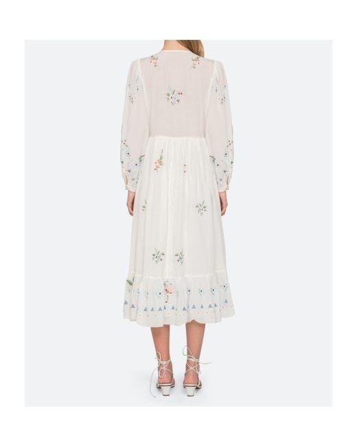 Sea White Serafina Floral-Embroidered Ruffled Midi Dress