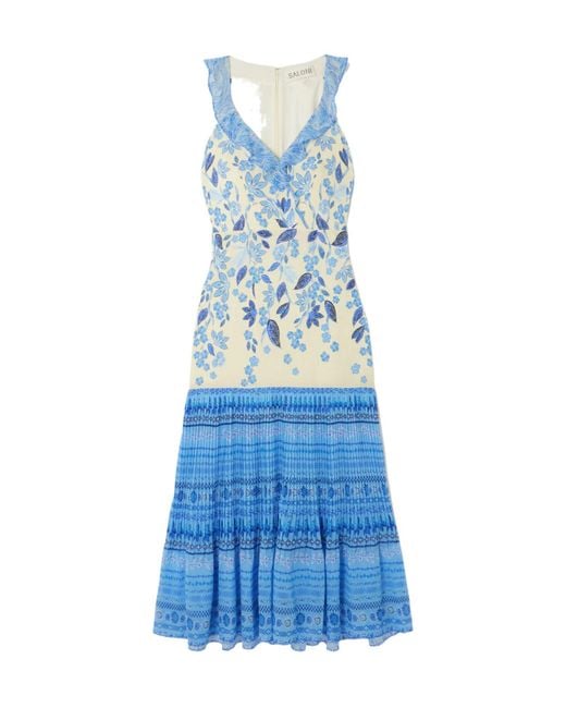 Saloni Blue Fitted Waist Floral Print Midi Dress