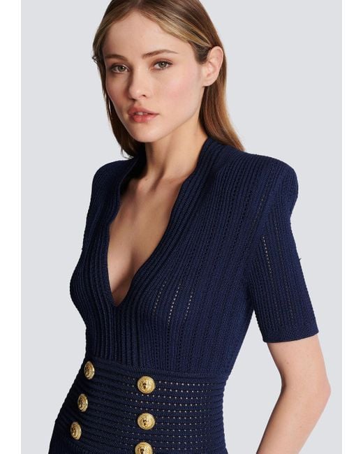 Balmain Blue Logo Button Embellished Knitted Dress