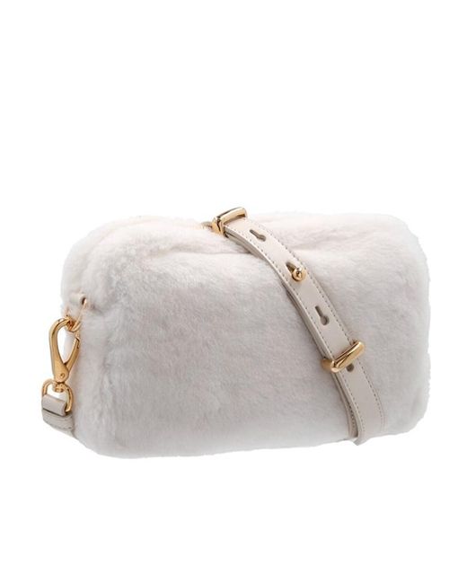 Prada Gray Logo Plaque Shearling Zipped Shoulder Bag