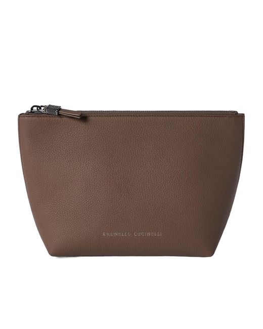 Brunello Cucinelli Brown Grained Calfskin Pouch With Shiny Zipper Pull